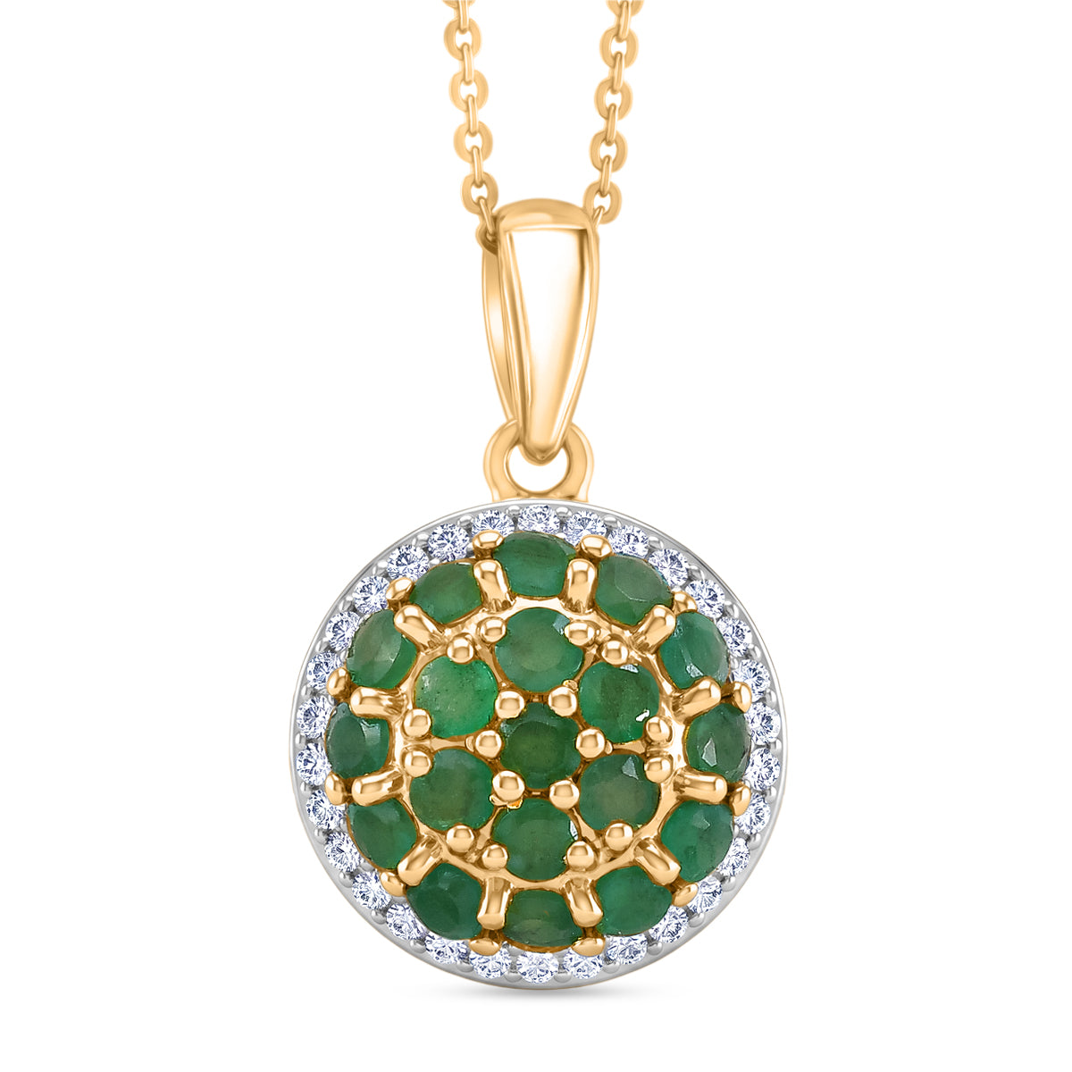 D'Joy Socoto Smaragd und Zirkon floraler Halo Anhänger mit 50cm Kette, 925 Silber 750 Gelbgold Vermeil - 1,76 ct.