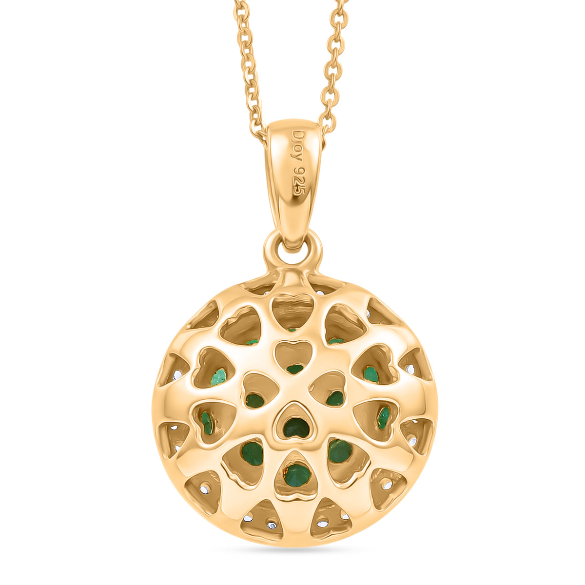 D'Joy Socoto Smaragd und Zirkon floraler Halo Anhänger mit 50cm Kette, 925 Silber 750 Gelbgold Vermeil - 1,76 ct.