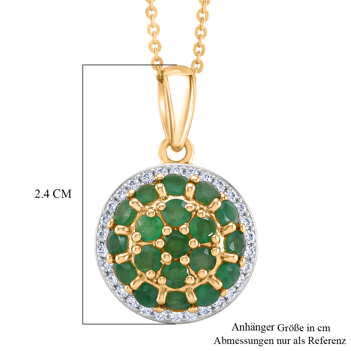 D'Joy Socoto Smaragd und Zirkon floraler Halo Anhänger mit 50cm Kette, 925 Silber 750 Gelbgold Vermeil - 1,76 ct.