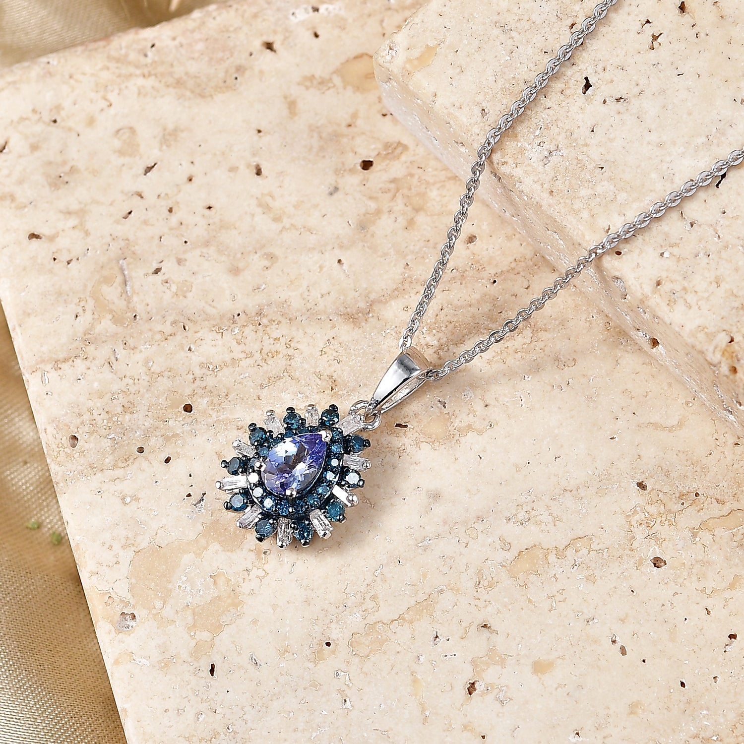D'Joy Pfau Tansanit, Weißer Diamant Schmuckset ca. 50 cm 925 Silber Rhodiniert ca. 0.83 ct