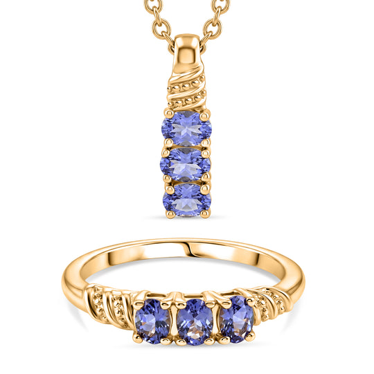 EVER TRUE 2er Set Tansanit Anhänger mit Kette und Ring, Edelstahl, ca. 50 cm (Größe 17.00) ca. 1.12 ct
