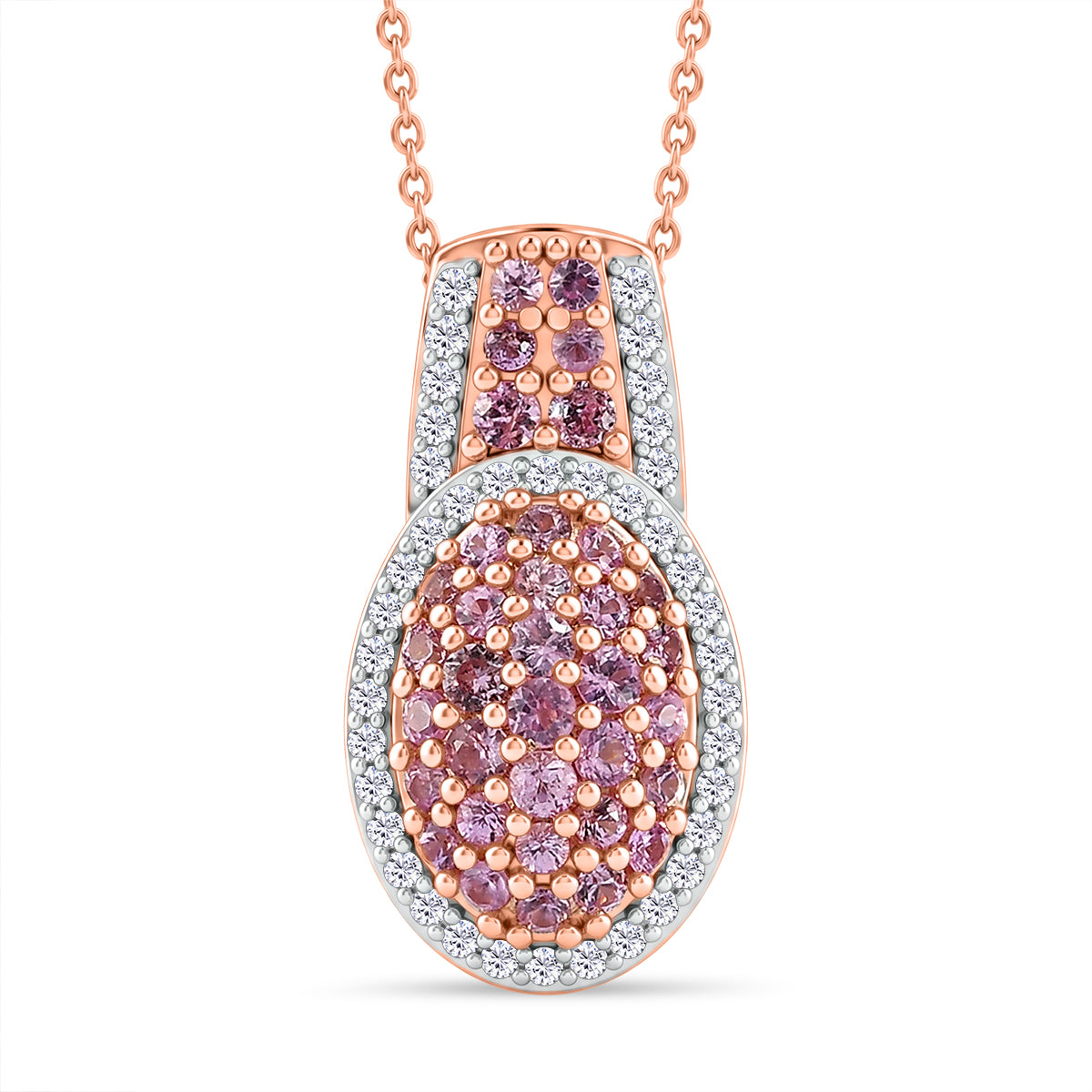 D'Joy Rosa Saphir und Zirkon Anhänger mit 50cm Kette, 925 Silber 750 Roségold Vermeil - 1,51 ct.