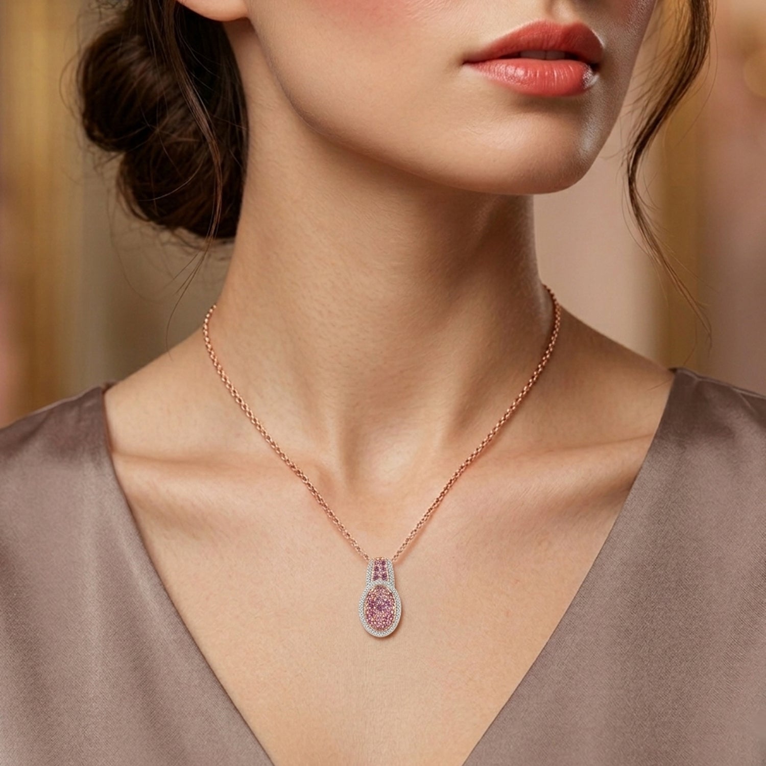 D'Joy Rosa Saphir und Zirkon Anhänger mit 50cm Kette, 925 Silber 750 Roségold Vermeil - 1,51 ct.
