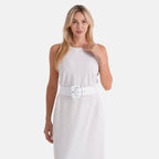 LA MAREY langes Sommerkleid mit Stretchgürtel, Einheitsgröße, passend für EU 36 bis 42, Länge 132 cm, Weiß