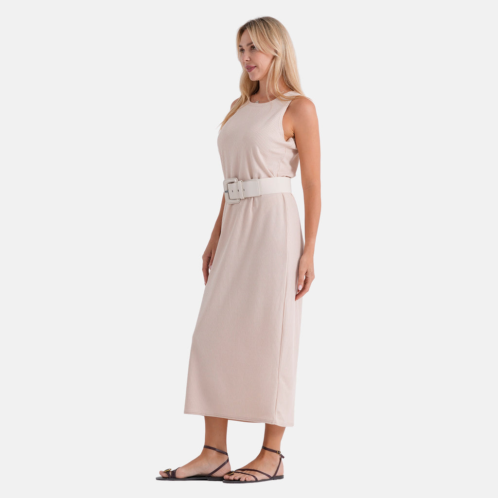 LA MAREY langes Strickkleid mit Stretchgürtel, Einheitsgröße, passend für EU 36 bis 42, Länge 132 cm, Beige