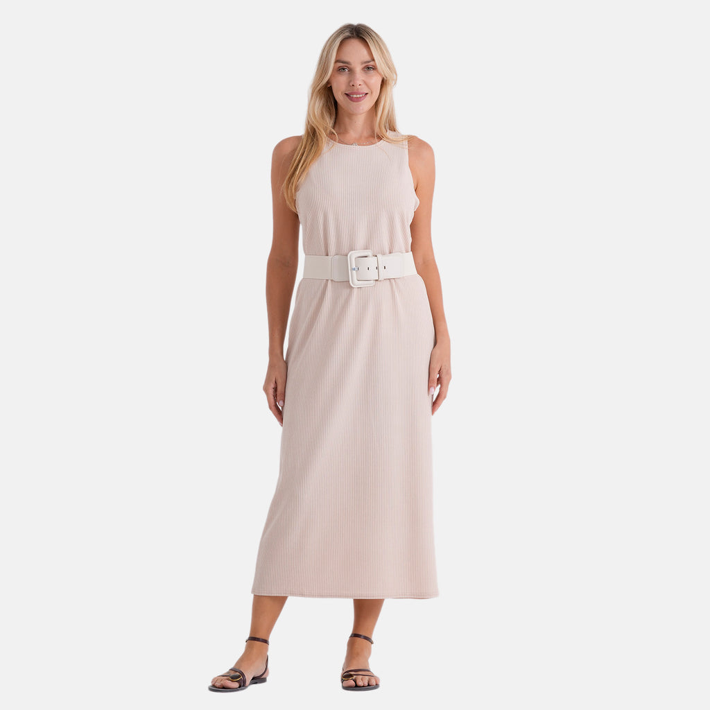 LA MAREY langes Strickkleid mit Stretchgürtel, Einheitsgröße, passend für EU 36 bis 42, Länge 132 cm, Beige
