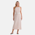 LA MAREY langes Strickkleid mit Stretchgürtel, Einheitsgröße, passend für EU 36 bis 42, Länge 132 cm, Beige