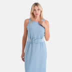 LA MAREY langes Strickkleid mit Stretchgürtel, Einheitsgröße, passend für EU 36 bis 42, Länge 132 cm, Hellblau