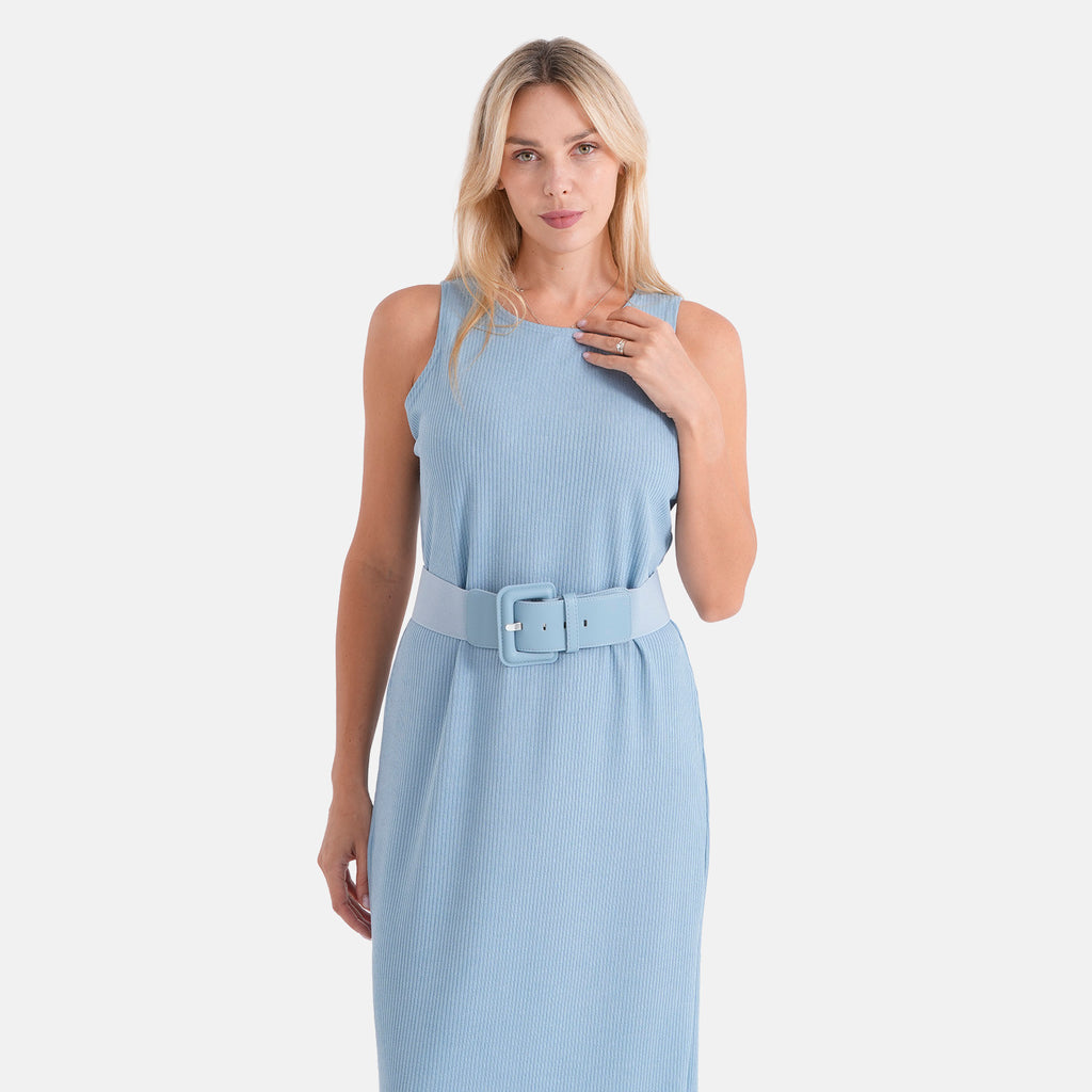 LA MAREY langes Strickkleid mit Stretchgürtel, Einheitsgröße, passend für EU 36 bis 42, Länge 132 cm, Hellblau