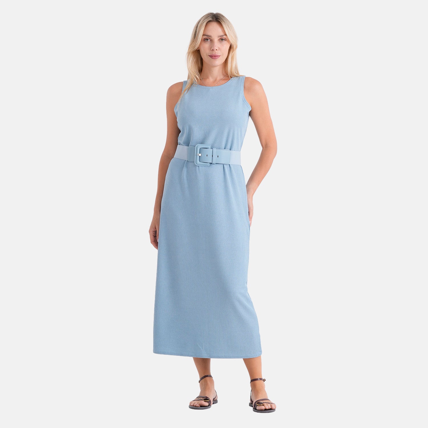 LA MAREY langes Strickkleid mit Stretchgürtel, Einheitsgröße, passend für EU 36 bis 42, Länge 132 cm, Hellblau