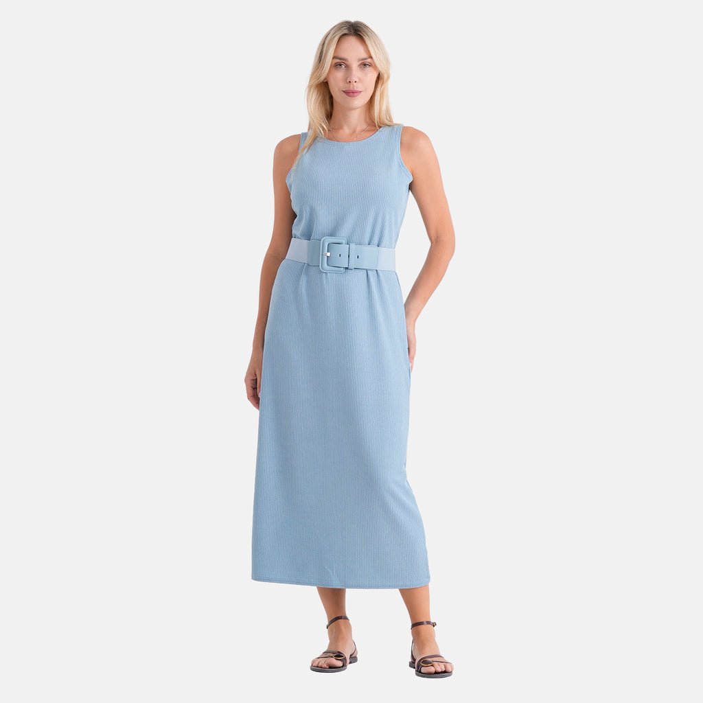 LA MAREY langes Strickkleid mit Stretchgürtel, Einheitsgröße, passend für EU 36 bis 42, Länge 132 cm, Hellblau