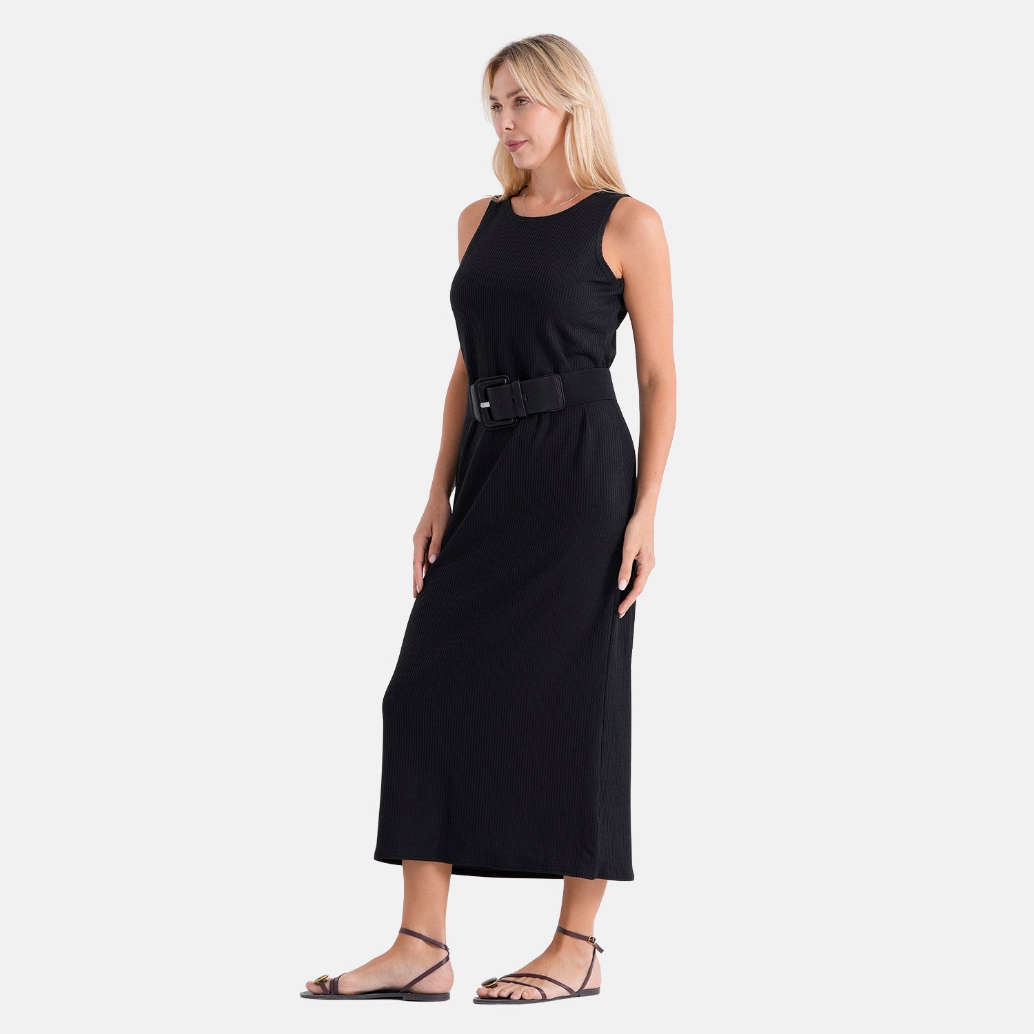 LA MAREY langes Sommerkleid mit Stretchgürtel, Einheitsgröße, passend für EU 36 bis 42, Länge 132 cm, Schwarz