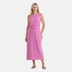 LA MAREY langes Sommerkleid mit Stretchgürtel, Einheitsgröße, passend für EU 36 bis 42, Länge 132 cm, Weiß