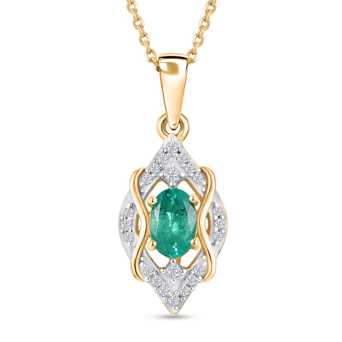 D'Joy AAA Kagem Sambischer Smaragd, Weißer Zirkon Schmuckset ca. 50 cm 925 Silber 750 Gelbgold vermeil ca. 0.63 ct