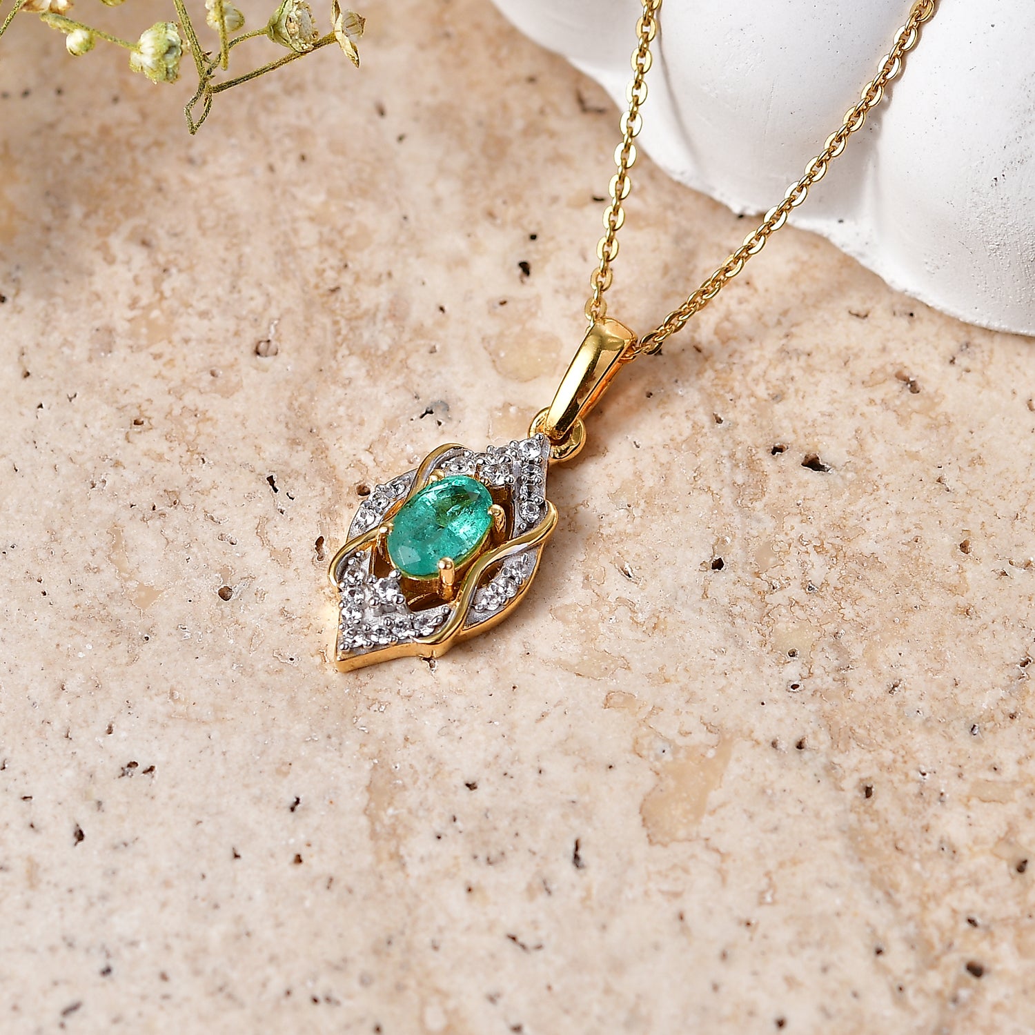 D'Joy AAA Kagem Sambischer Smaragd, Weißer Zirkon Schmuckset ca. 50 cm 925 Silber 750 Gelbgold vermeil ca. 0.63 ct