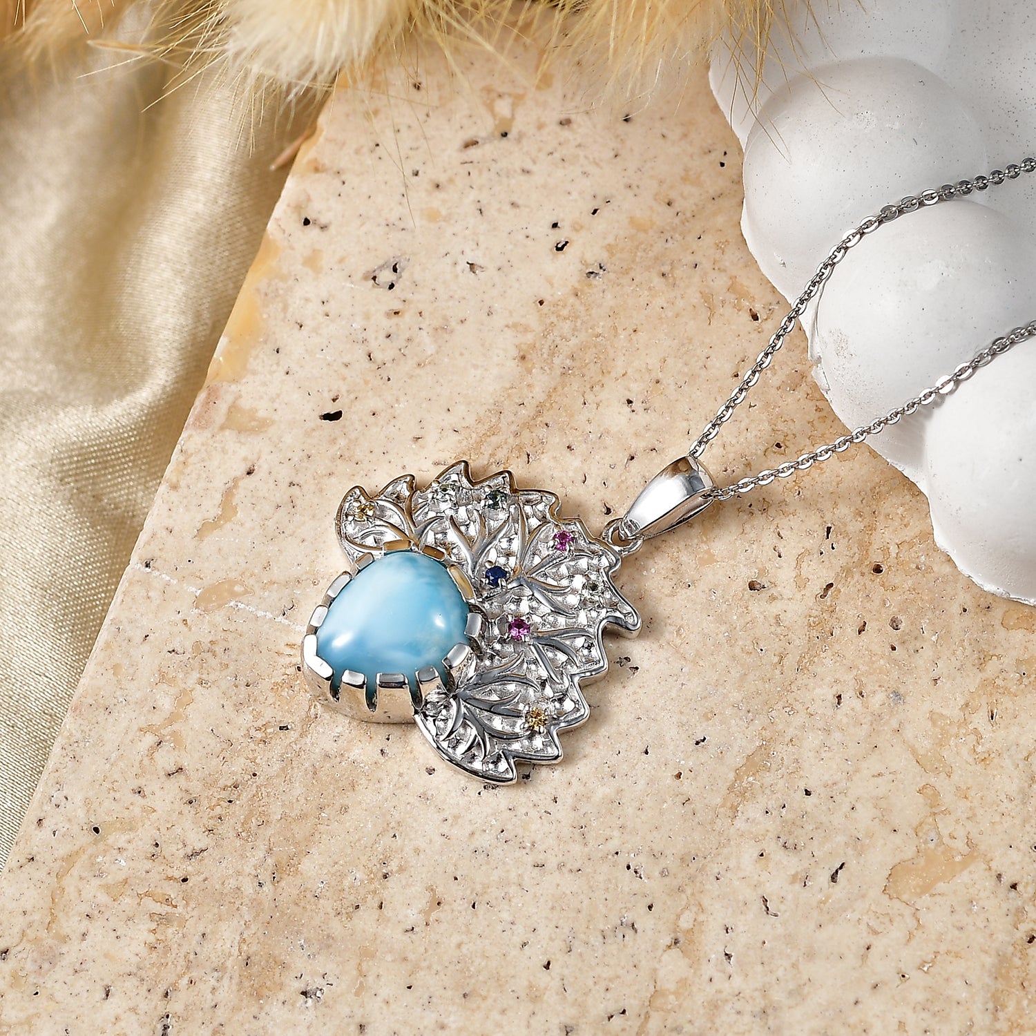 D'Joy Larimar, Mehrfarbiger Saphir Anhänger mit Kette, ca. 50 cm 925 Silber Rhodiniert ca. 5.48 ct