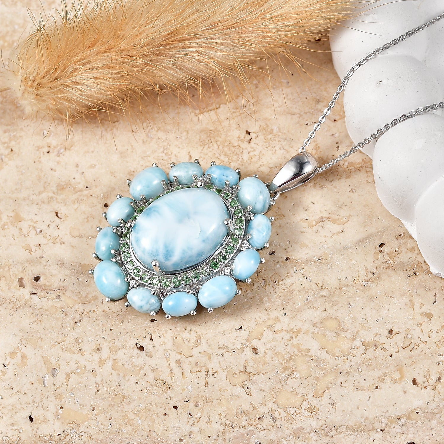 D'Joy Larimar Schmuckset ca. 50 cm 925 Silber Rhodiniert ca. 23,36 ct.