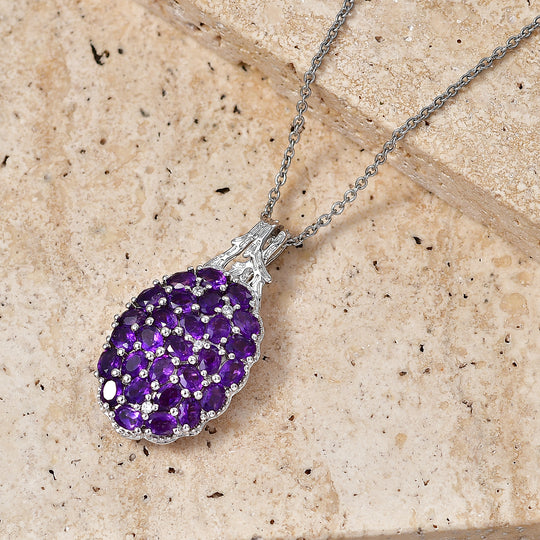 EverTrue afrikanischer Amethyst und Zirkon Cluster Anhänger mit 50cm Edelstahl-Kette, Bronze mit Platin-E-Beschichtung - 4,64 ct.