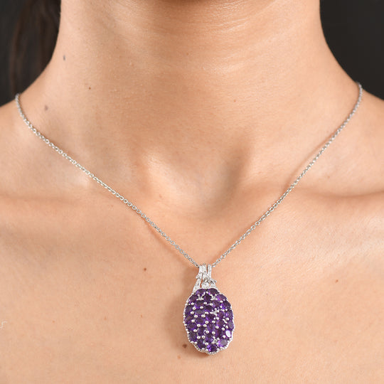 EverTrue afrikanischer Amethyst und Zirkon Cluster Anhänger mit 50cm Edelstahl-Kette, Bronze mit Platin-E-Beschichtung - 4,64 ct.