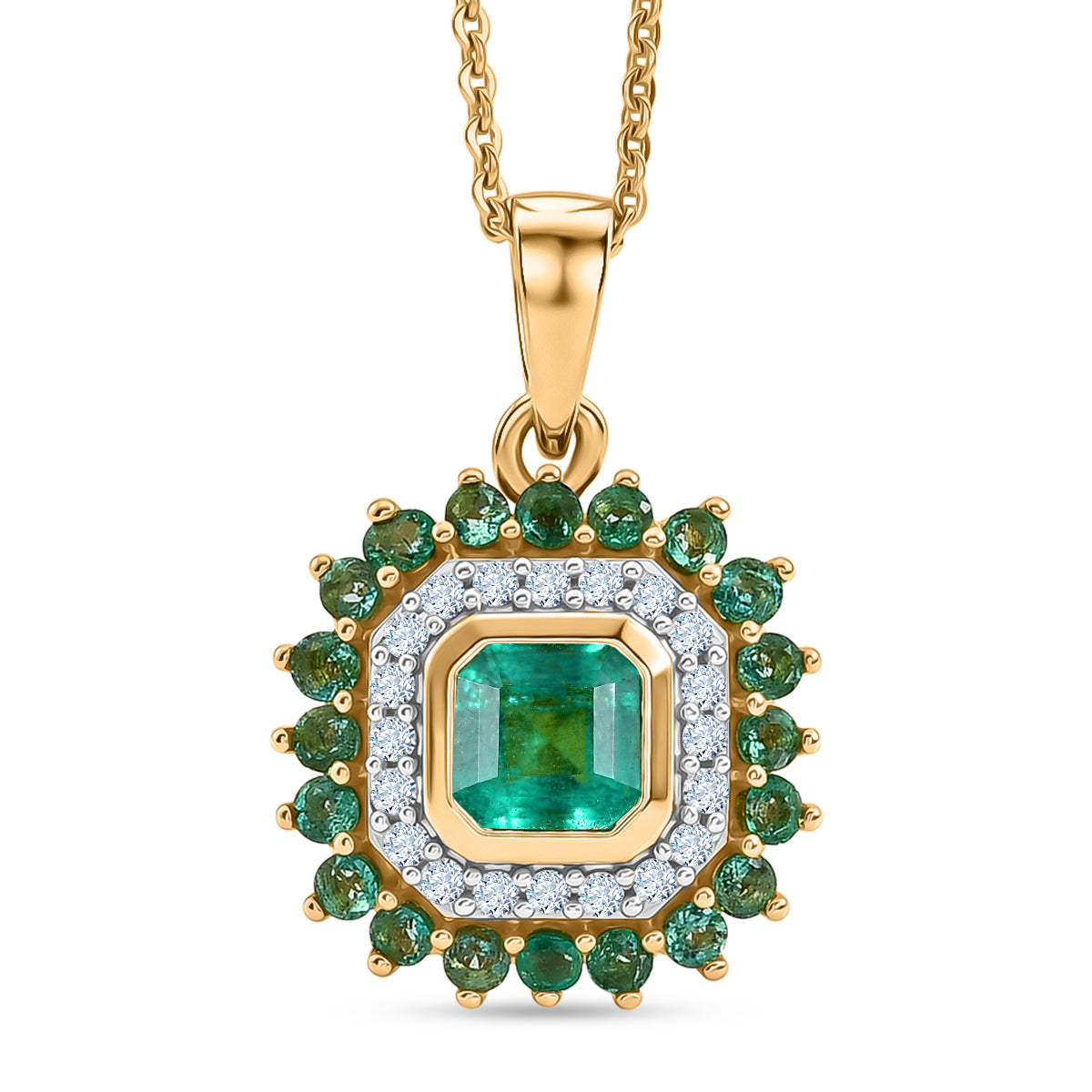 D'Joy AAA Kagem Sambischer Smaragd Schmuckset ca. 50 cm 925 Silber 750 Gelbgold vermeil (10-15 Werktage Lieferzeit) ca. 1.29 ct