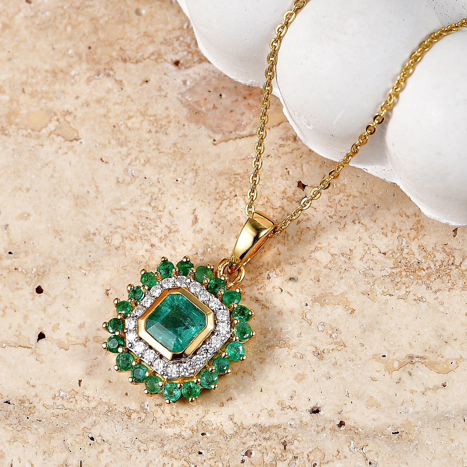 D'Joy AAA Kagem Sambischer Smaragd Schmuckset ca. 50 cm 925 Silber 750 Gelbgold vermeil (10-15 Werktage Lieferzeit) ca. 1.29 ct