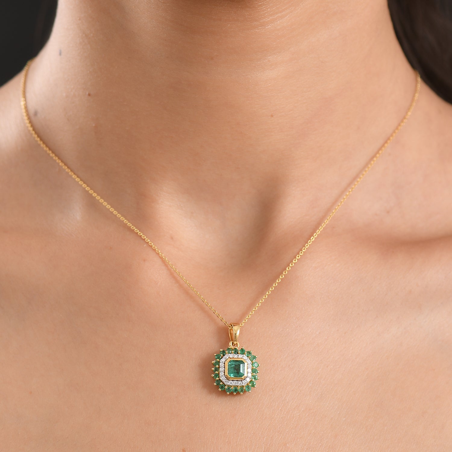 D'Joy AAA Kagem Sambischer Smaragd Schmuckset ca. 50 cm 925 Silber 750 Gelbgold vermeil (10-15 Werktage Lieferzeit) ca. 1.29 ct
