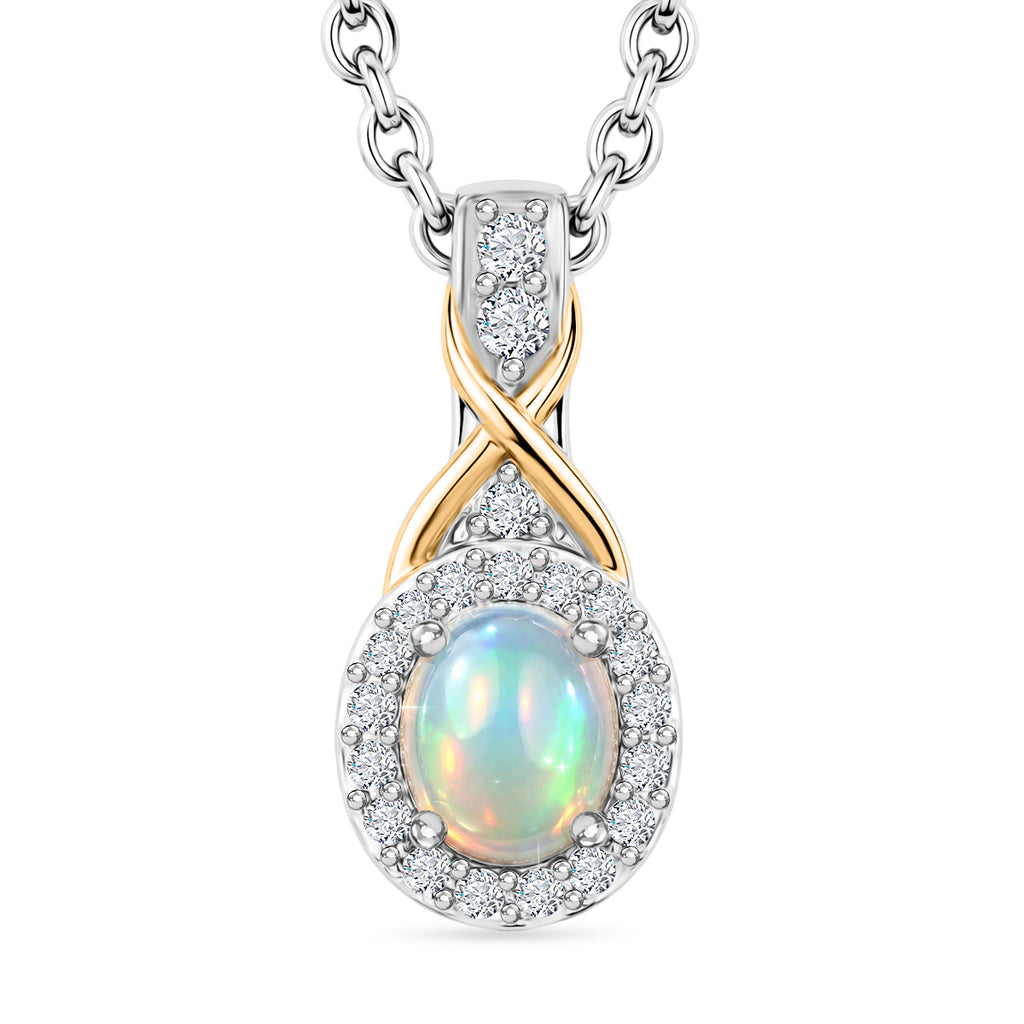 D'Joy AA Natürlicher, äthiopischer Welo Opal, Weißer Zirkon Schmuckset ca. 50 cm 925 Silber Platiniert und vergoldet und Edelstahl Platiniert ca. 0,39 ct.