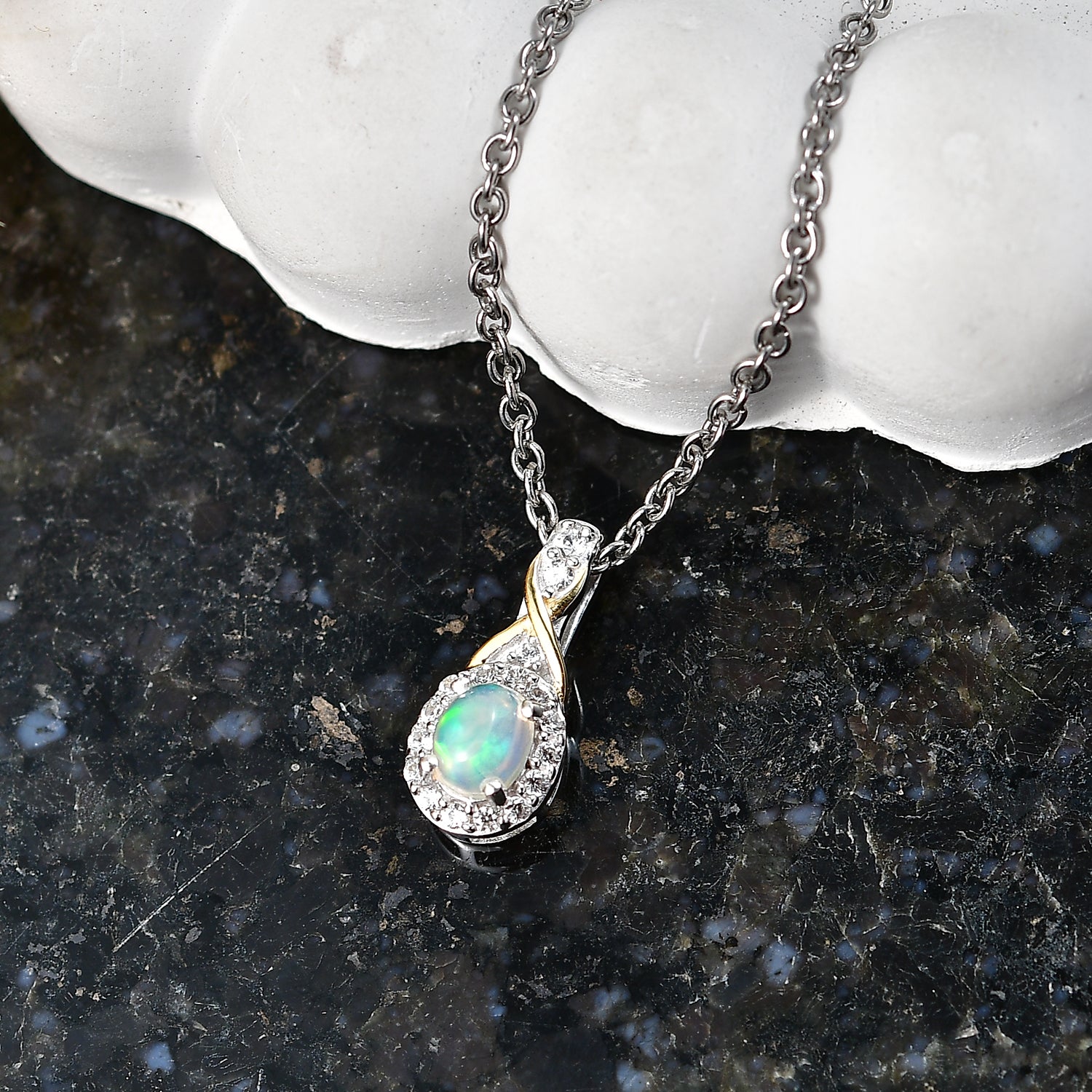 D'Joy AA Natürlicher, äthiopischer Welo Opal, Weißer Zirkon Schmuckset ca. 50 cm 925 Silber Platiniert und vergoldet und Edelstahl Platiniert ca. 0,39 ct.