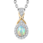 D'Joy AA Natürlicher, äthiopischer Welo Opal, Weißer Zirkon Schmuckset ca. 50 cm 925 Silber Platiniert und vergoldet und Edelstahl Platiniert ca. 0,39 ct.