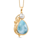 D'Joy AA Larimar, Süßwasser Perle (6mm) Anhänger mit Kette, ca. 50 cm 925 Silber 750 Gelbgold vermeil 14.27 ct