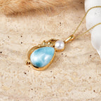 D'Joy AA Larimar, Süßwasser Perle (6mm) Anhänger mit Kette, ca. 50 cm 925 Silber 750 Gelbgold vermeil 14.27 ct