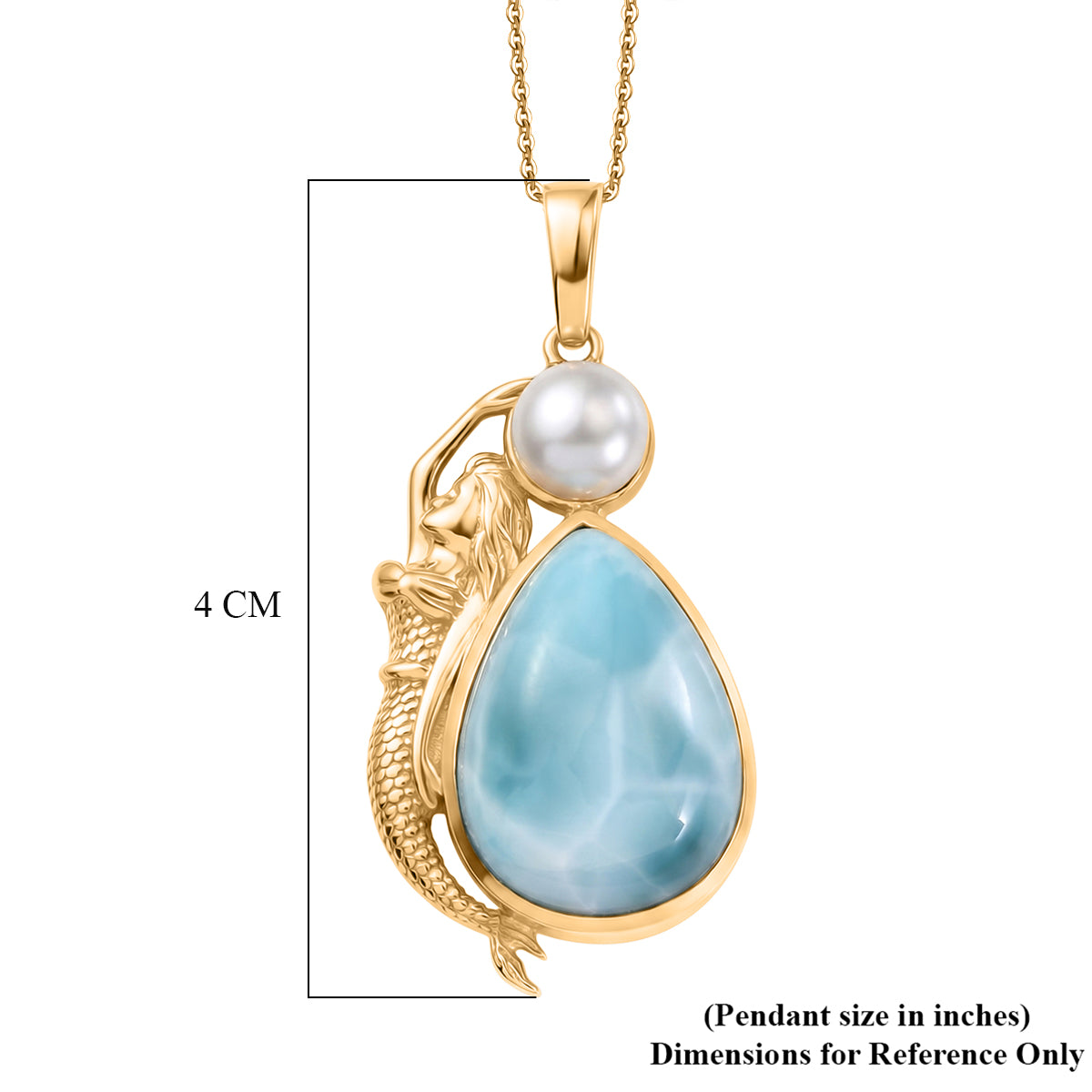 D'Joy AA Larimar, Süßwasser Perle (6mm) Anhänger mit Kette, ca. 50 cm 925 Silber 750 Gelbgold vermeil 14.27 ct
