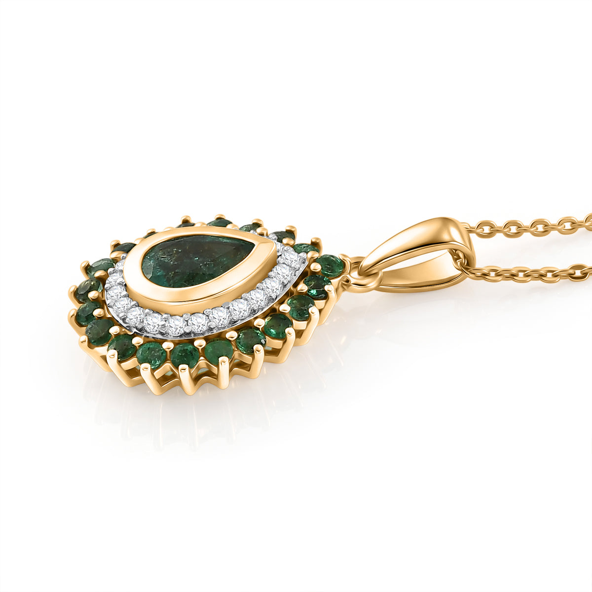D'Joy AAA Kagem Sambischer Smaragd Schmuckset ca. 50 cm 925 Silber 750 Gelbgold vermeil ca. 1.12 ct