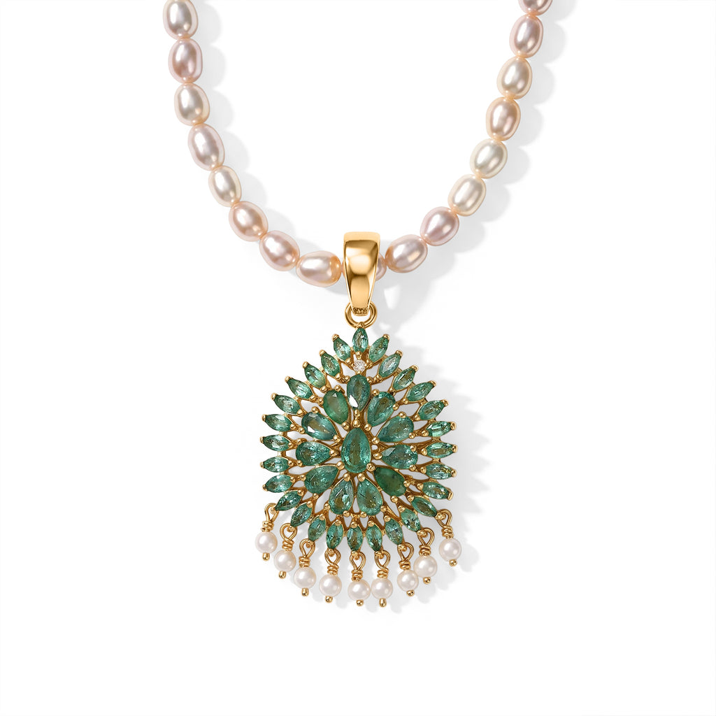 D'Joy AA Kagem sambischer Smaragd, Süßwasserperle und Zirkon Anhänger mit 50cm Kette, 925 Silber 750 Gelbgold Vermeil