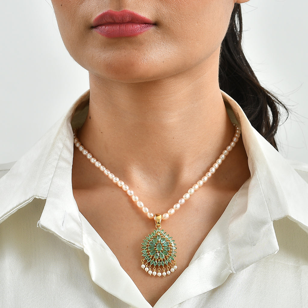 D'Joy AA Kagem sambischer Smaragd, Süßwasserperle und Zirkon Anhänger mit 50cm Kette, 925 Silber 750 Gelbgold Vermeil