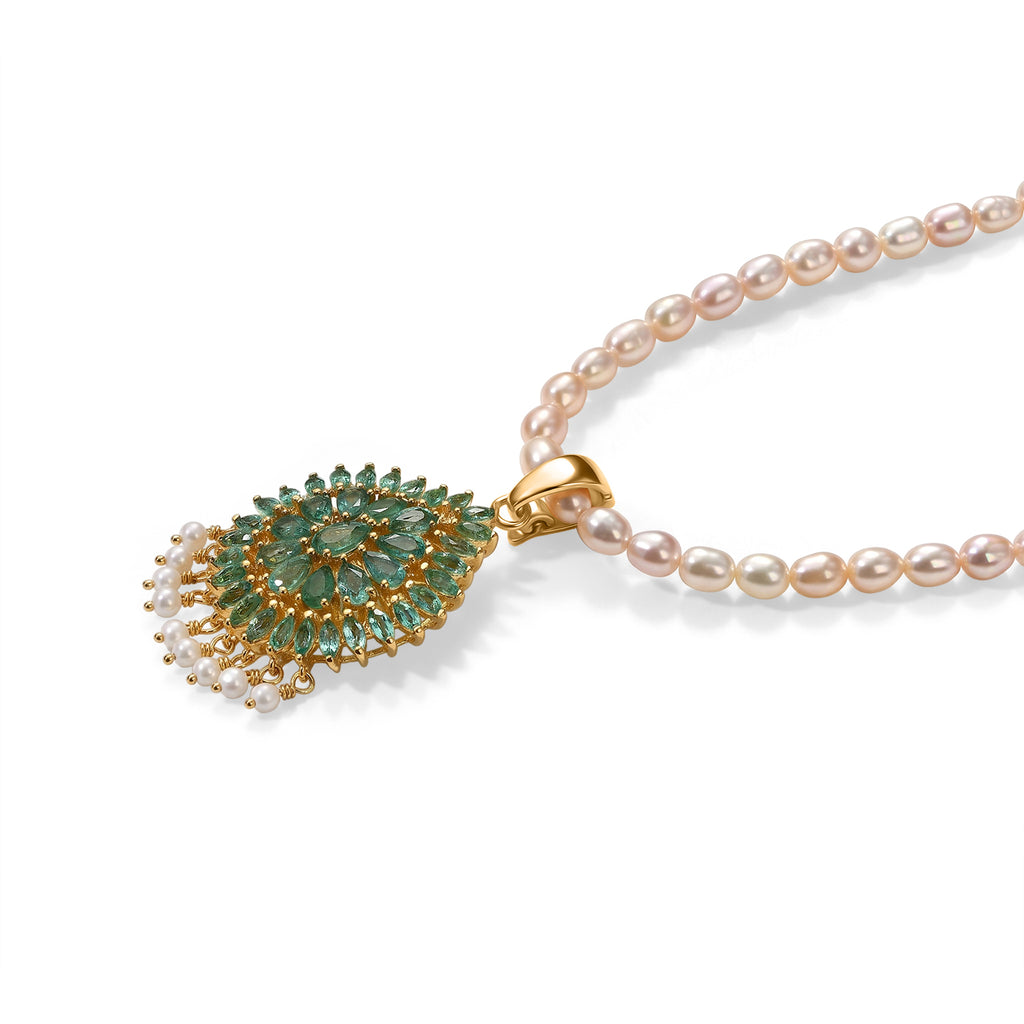 D'Joy AA Kagem sambischer Smaragd, Süßwasserperle und Zirkon Anhänger mit 50cm Kette, 925 Silber 750 Gelbgold Vermeil