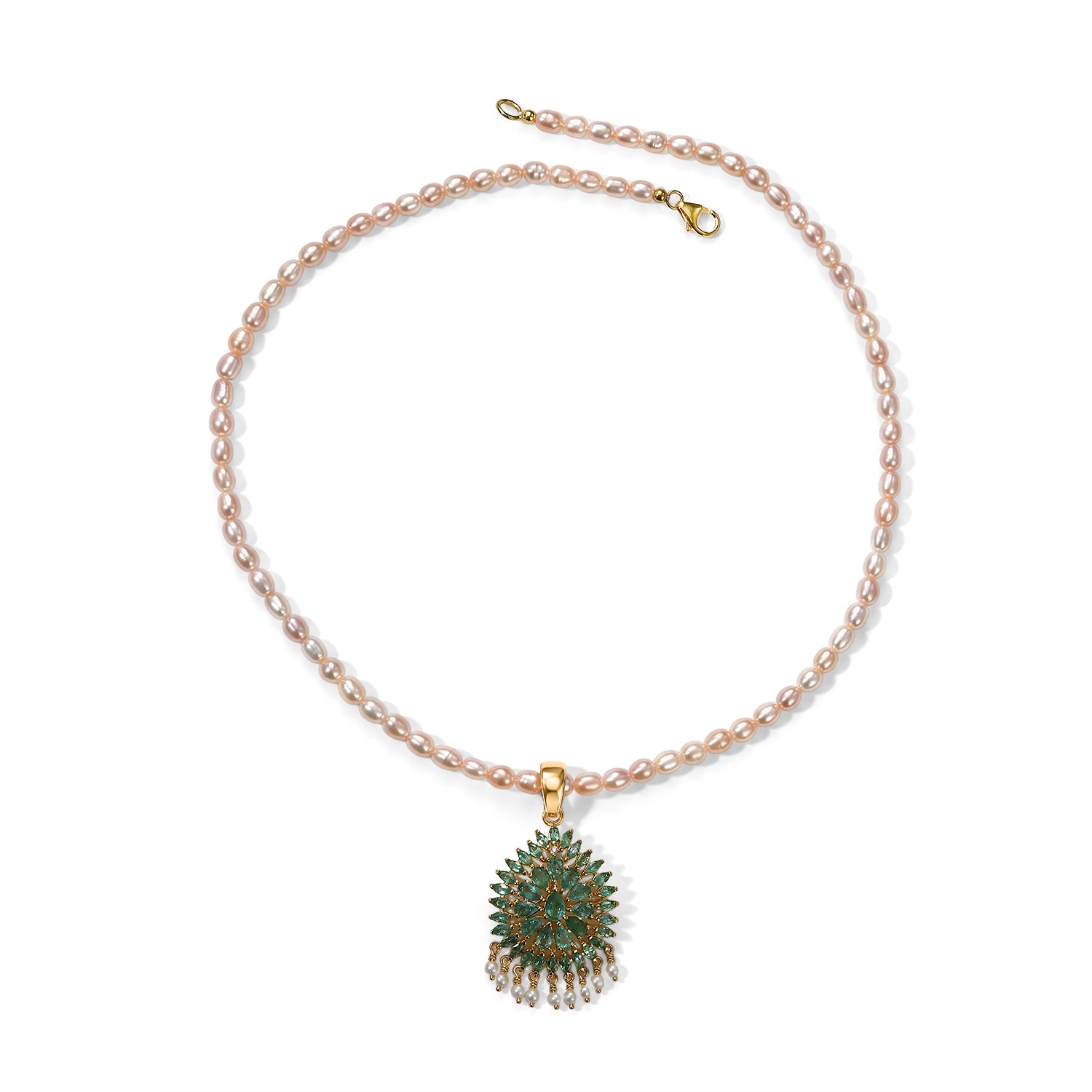 D'Joy AA Kagem sambischer Smaragd, Süßwasserperle und Zirkon Anhänger mit 50cm Kette, 925 Silber 750 Gelbgold Vermeil