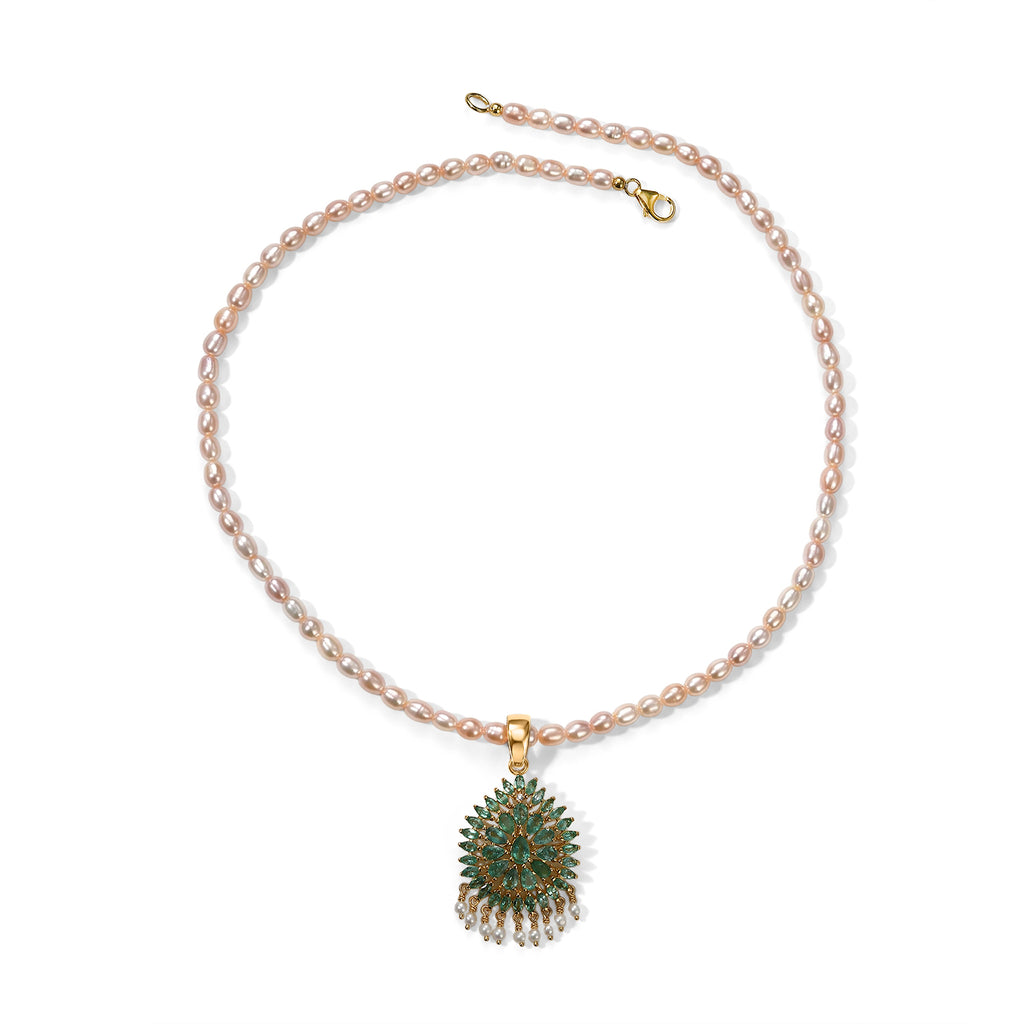 D'Joy AA Kagem sambischer Smaragd, Süßwasserperle und Zirkon Anhänger mit 50cm Kette, 925 Silber 750 Gelbgold Vermeil