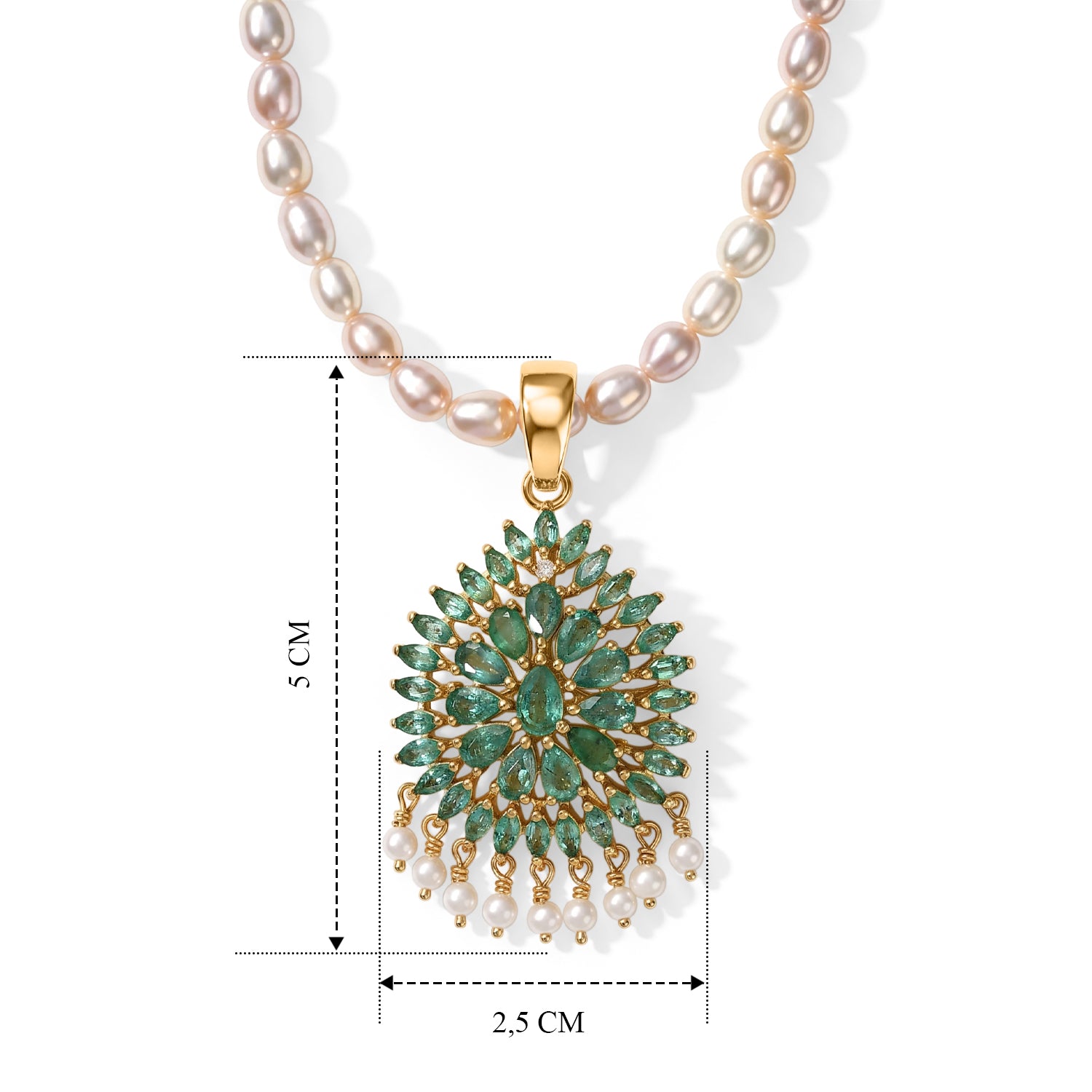 D'Joy AA Kagem sambischer Smaragd, Süßwasserperle und Zirkon Anhänger mit 50cm Kette, 925 Silber 750 Gelbgold Vermeil