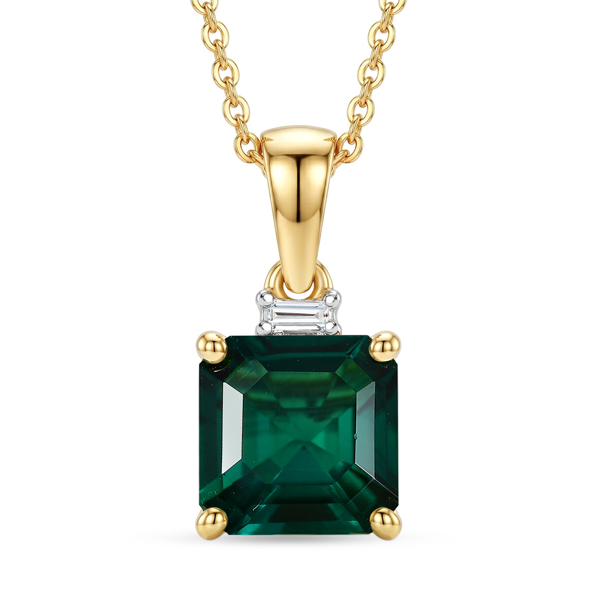 LUXURIANT AAA Labor Smaragd und Labor Diamant Anhänger mit 50cm Kette, 925 Silber 750 Gelbgold Vermeil - 2,22 ct.