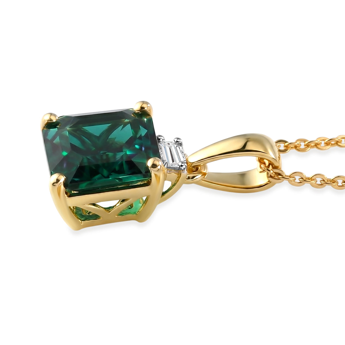 LUXURIANT AAA Labor Smaragd und Labor Diamant Anhänger mit 50cm Kette, 925 Silber 750 Gelbgold Vermeil - 2,22 ct.