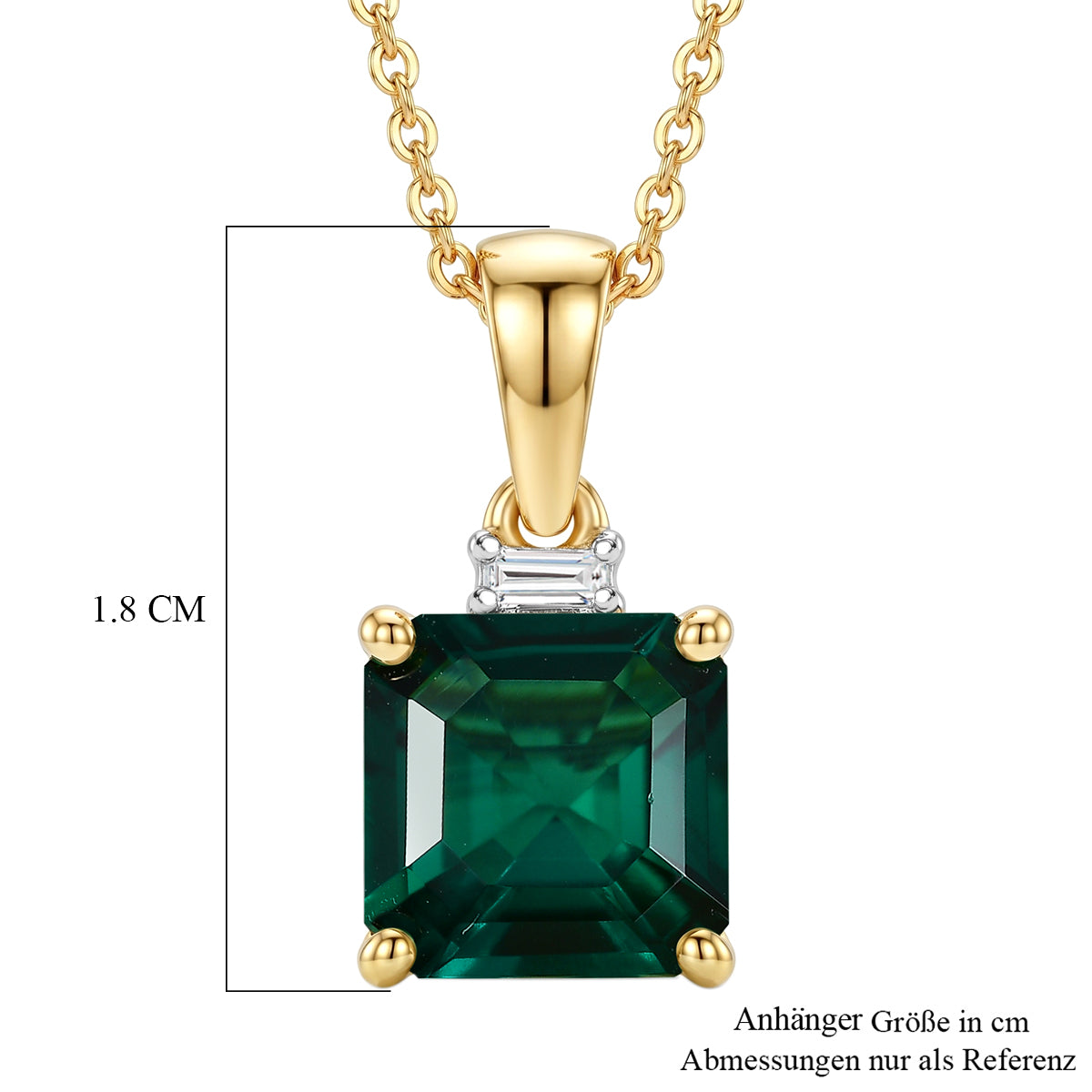 LUXURIANT AAA Labor Smaragd und Labor Diamant Anhänger mit 50cm Kette, 925 Silber 750 Gelbgold Vermeil - 2,22 ct.