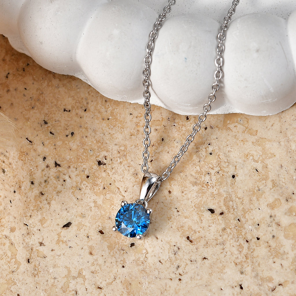 LUXURIANT SI-GH Labor blauer Diamant Solitär Anhänger mit 50cm Kette, 925 Silber rhodiniert - 1 ct.
