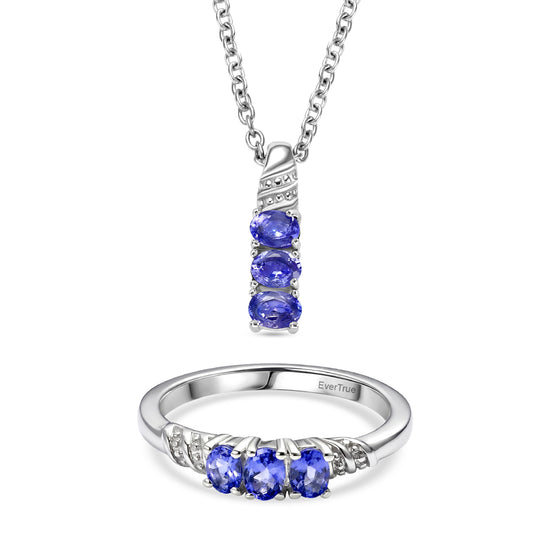 EVER TRUE 2er Set Tansanit Anhänger mit Kette und Ring, Edelstahl, ca. 50 cm (Größe 17.00) ca. 1.12 ct