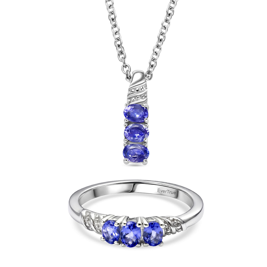 EVER TRUE 2er Set Tansanit Anhänger mit Kette und Ring, Edelstahl, ca. 50 cm (Größe 17.00) ca. 1.12 ct