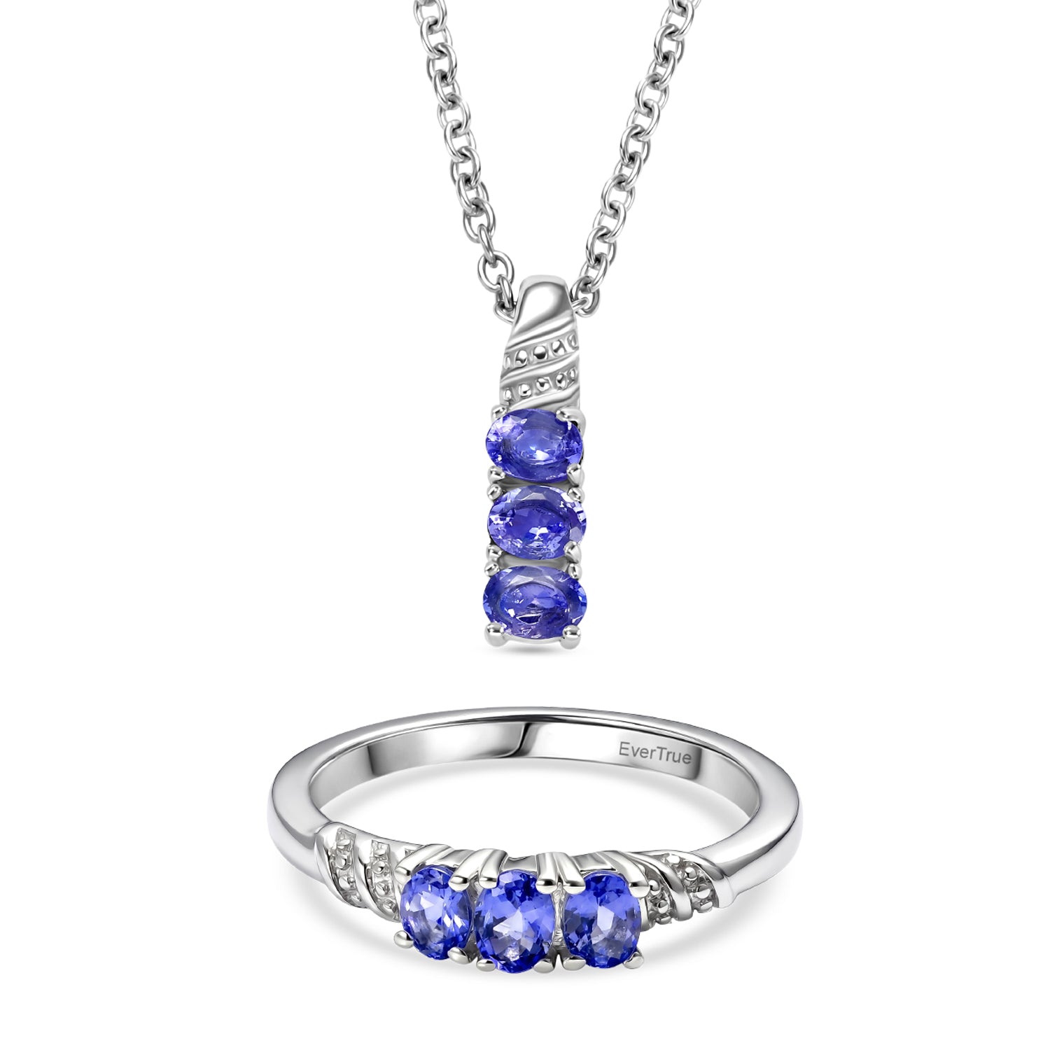 EVER TRUE 2er Set Tansanit Anhänger mit Kette und Ring, Edelstahl, ca. 50 cm (Größe 17.00) ca. 1.12 ct