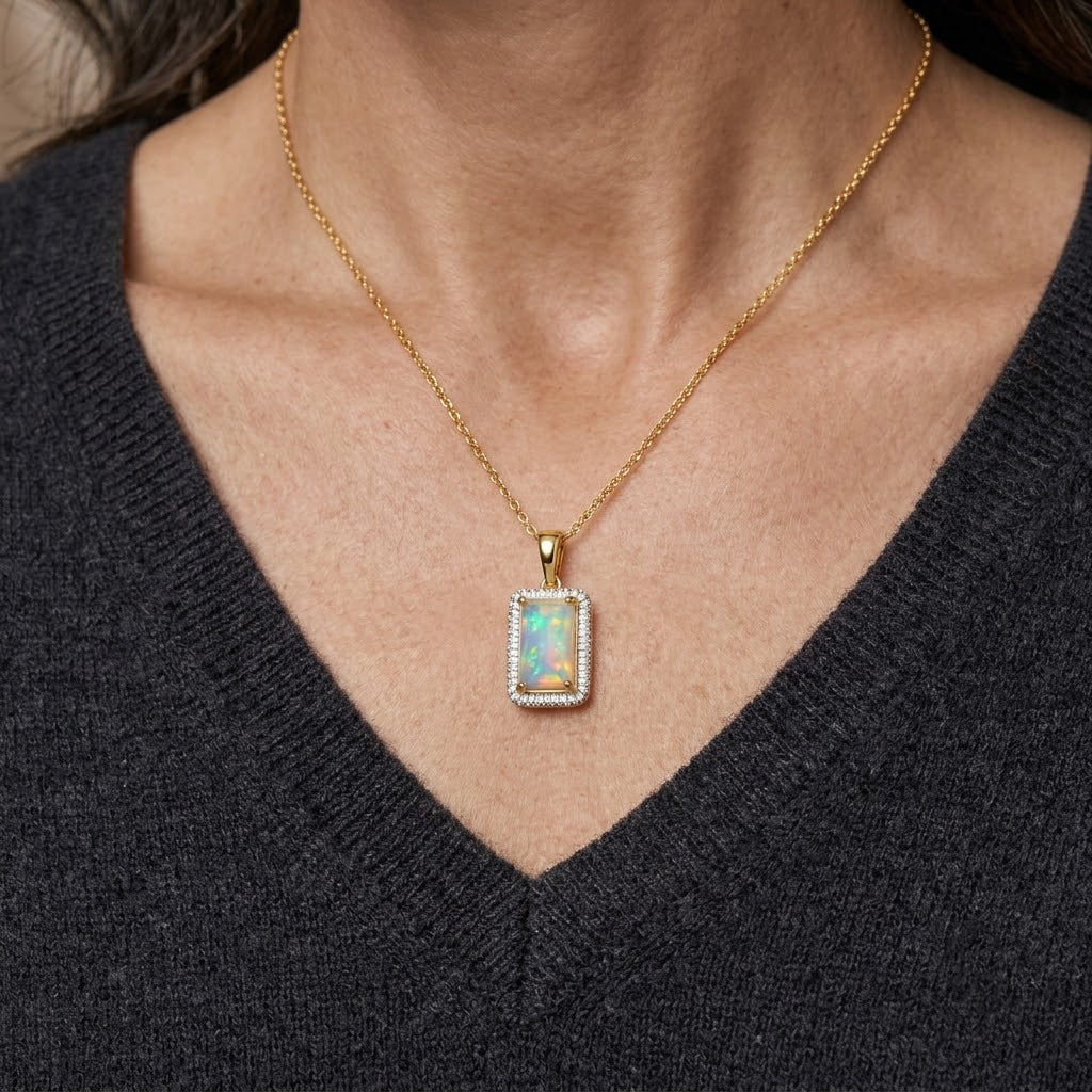 D'Joy AAA Natürlicher, äthiopischer Welo Opal, Weißer Diamant Schmuckset ca. 50 cm 925 Silber 750 Gelbgold vermeil ca. 2,08 ct.
