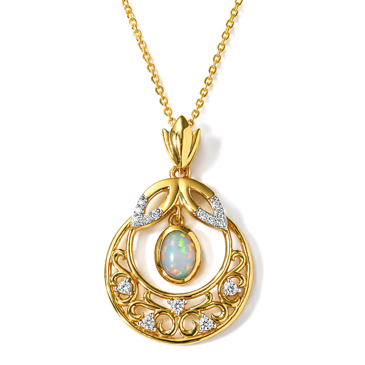 D'Joy AA Natürlicher, äthiopischer Welo Opal, Weißer Zirkon Schmuckset ca. 50 cm 925 Silber 585 Vergoldet ca. 0,71 ct.