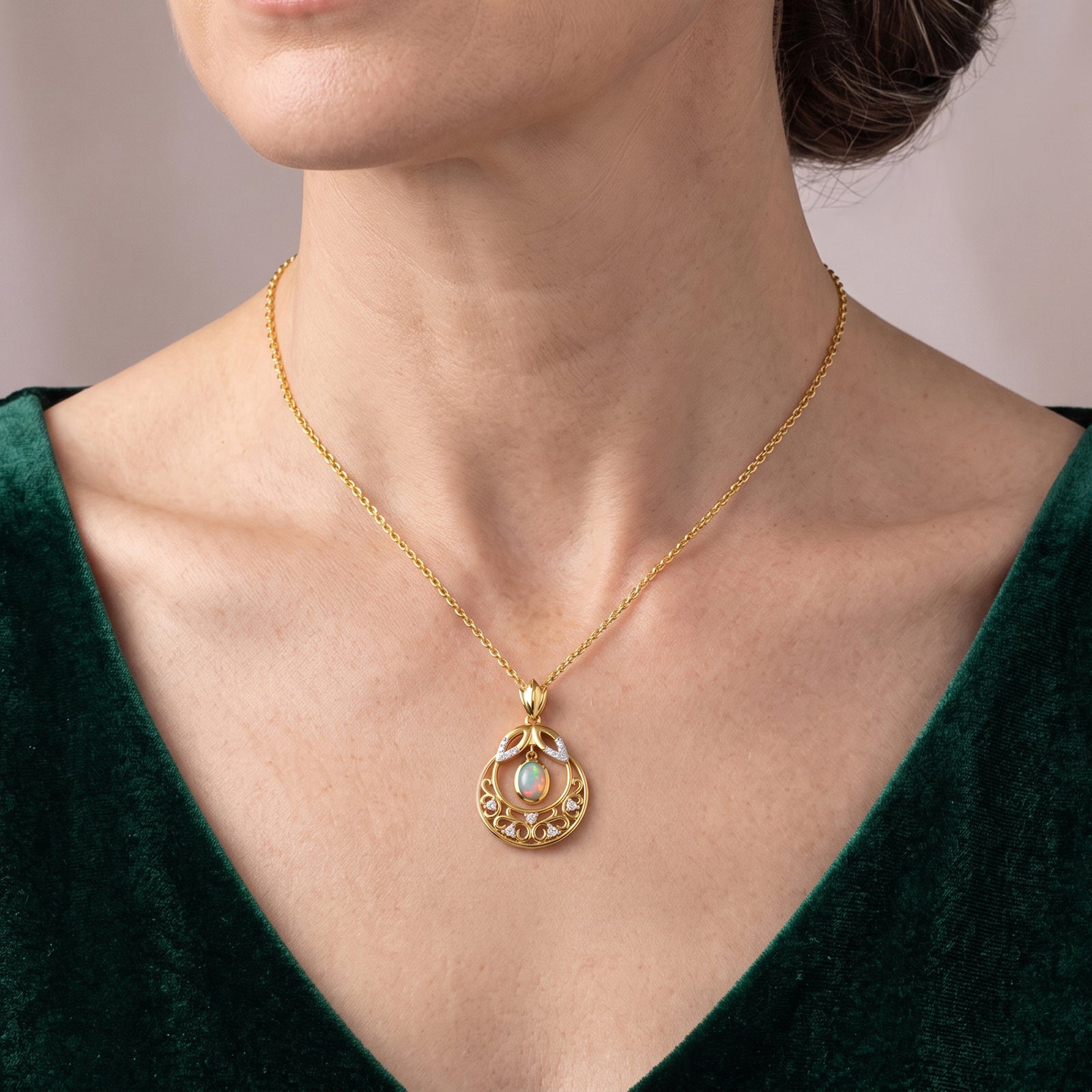 D'Joy AA Natürlicher, äthiopischer Welo Opal, Weißer Zirkon Schmuckset ca. 50 cm 925 Silber 585 Vergoldet ca. 0,71 ct.