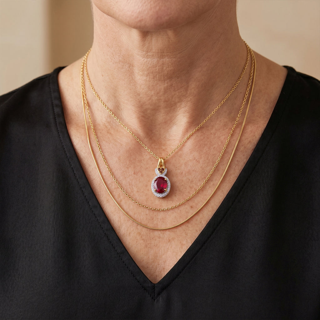 LUXURIANT DIAMOND - AAA Lab Grown Rubin, Mosambik Granat Schmuckset ca. 50 cm 925 Silber Gold ca. 3,19 ct.